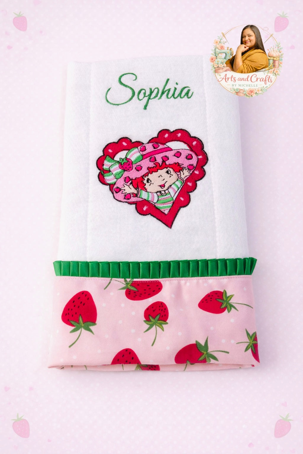 Handmade Baby Gift Set – Strawberry Baby Bib, Burp Cloth & Bow Headband | Personalized Baby Gift