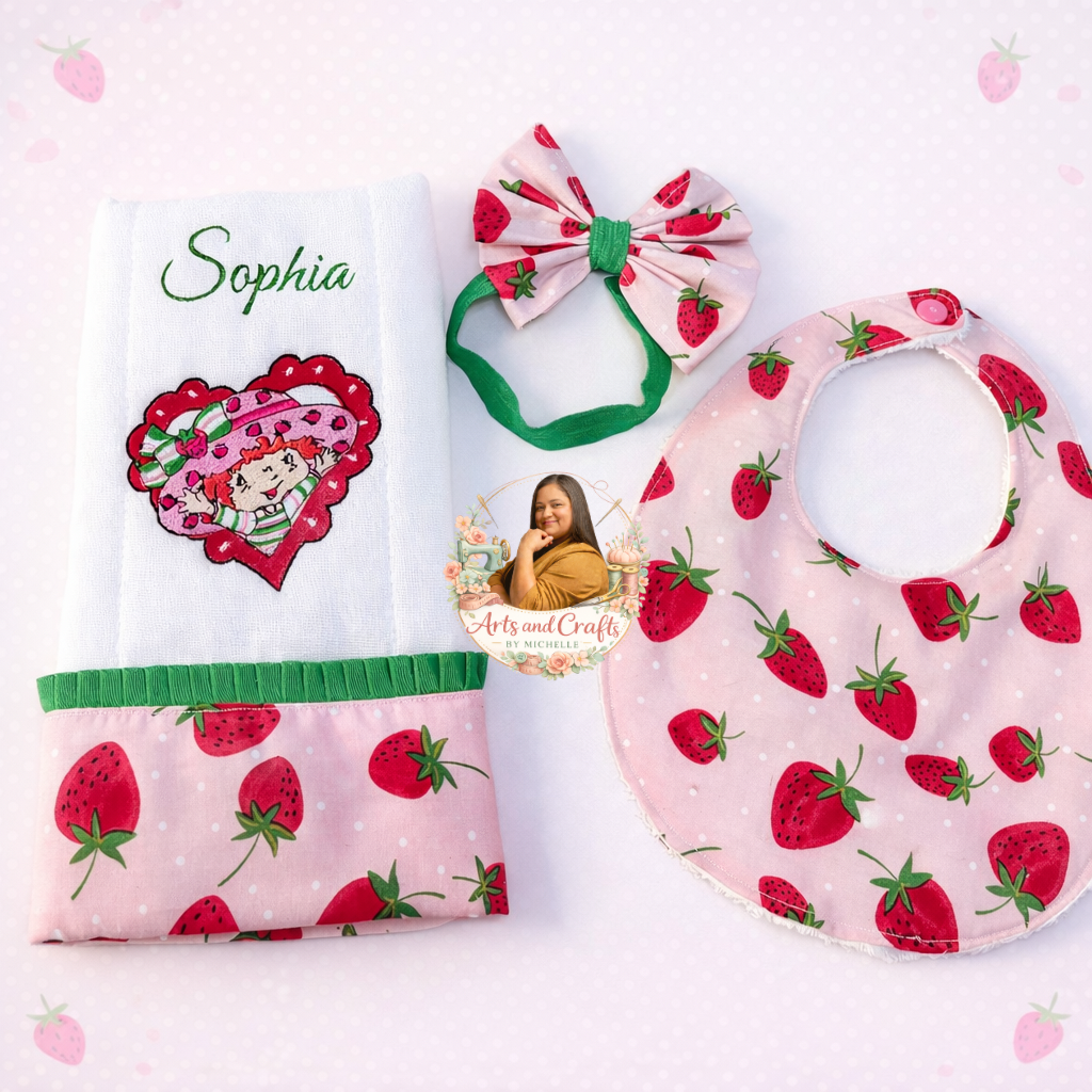 Handmade Baby Gift Set – Strawberry Baby Bib, Burp Cloth & Bow Headband | Personalized Baby Gift