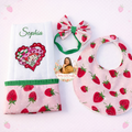 Handmade Baby Gift Set – Strawberry Baby Bib, Burp Cloth & Bow Headband | Personalized Baby Gift